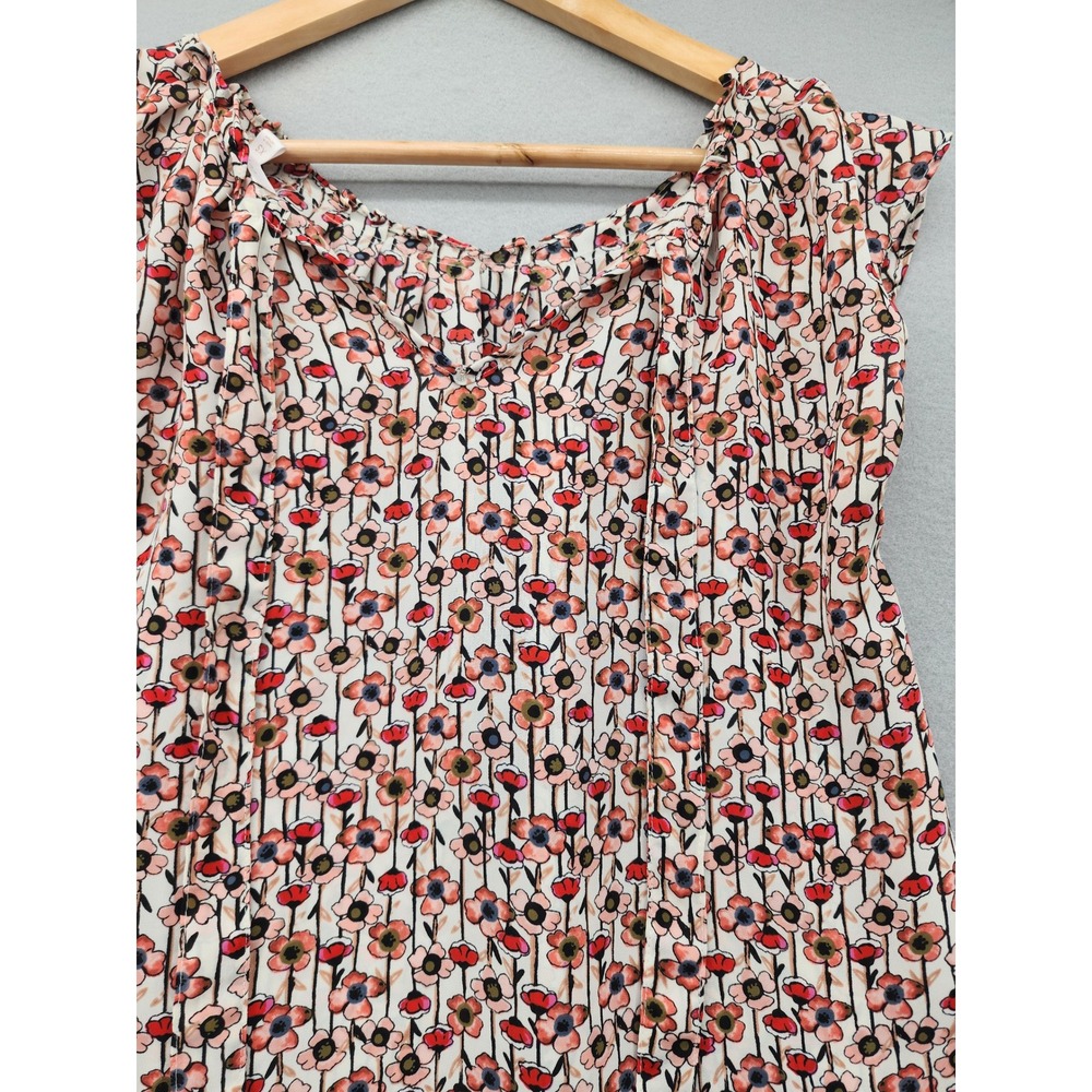 LC Lauren Conrad Floral Cap Sleeve Blouse Orange Pink Poppy Print Tie Back XS - Picture 7 of 11